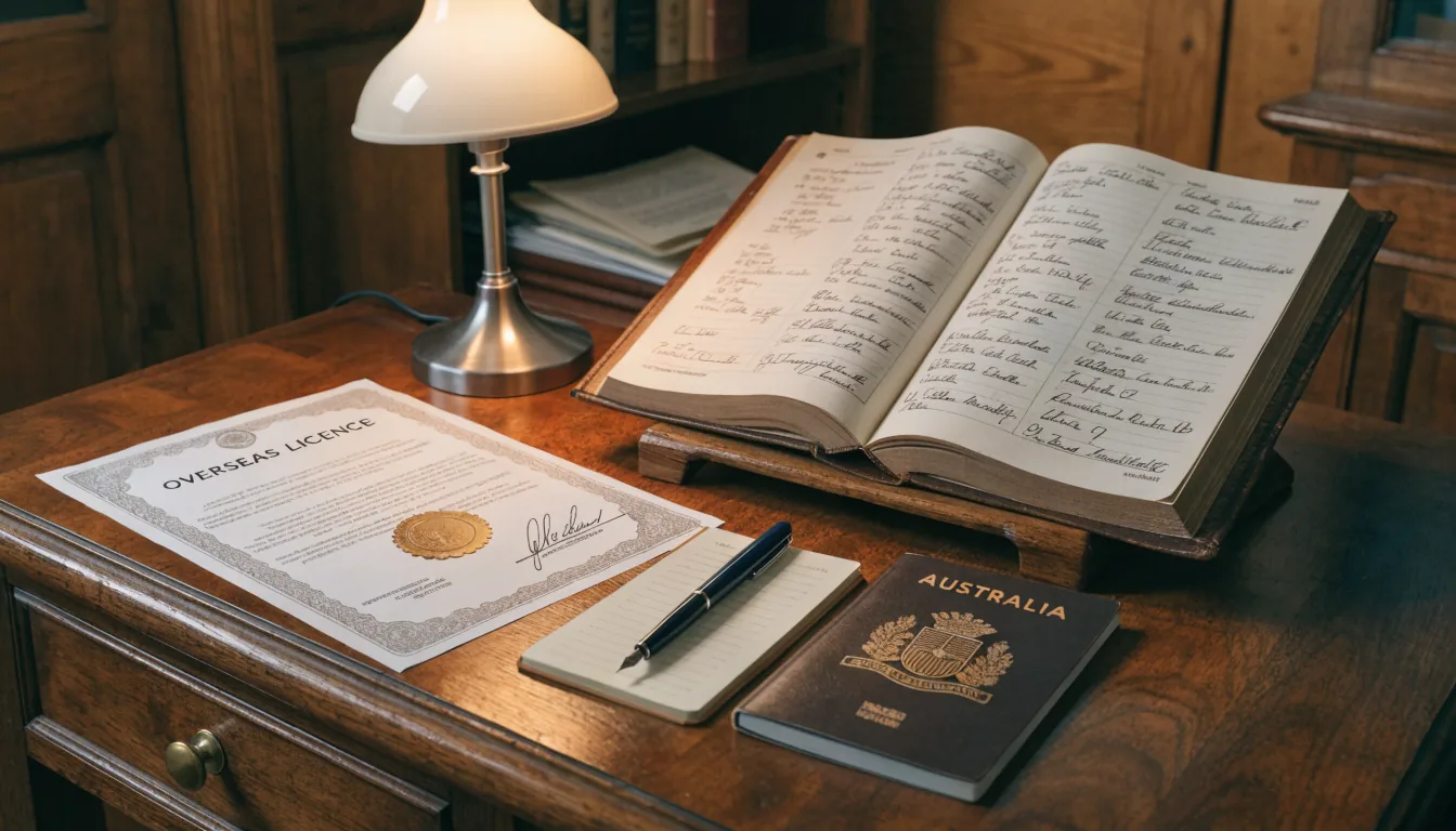 Overseas licence certificate with a seal beside an Australian passport